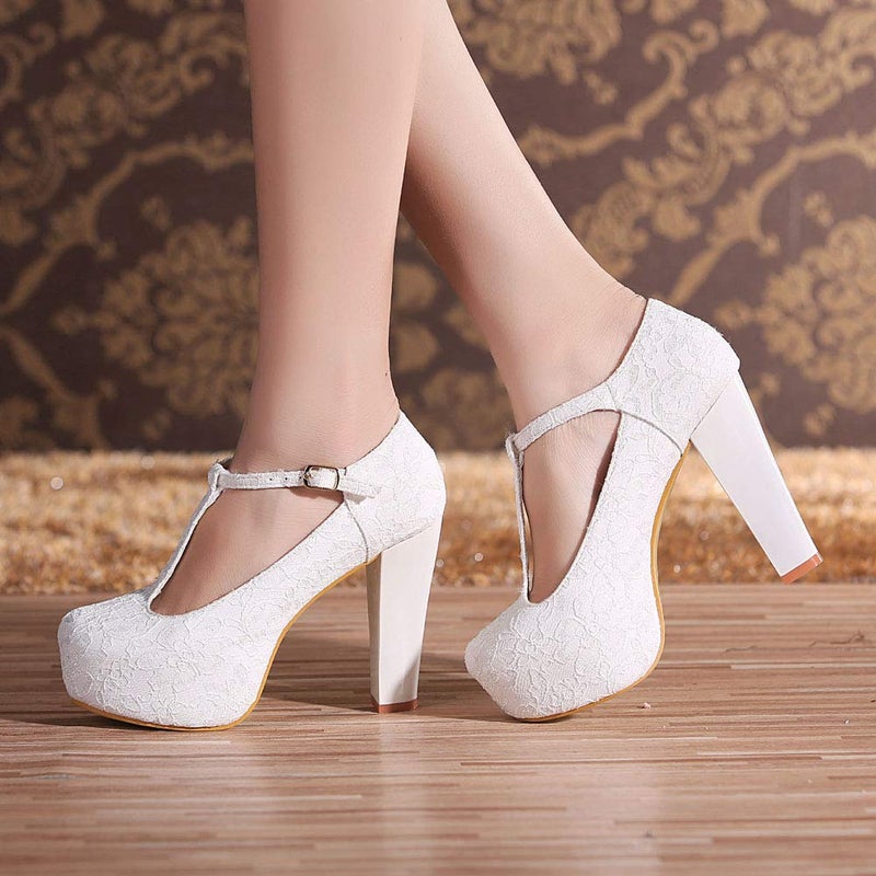 getmorebeauty Women Block Mary Janes Heels T-Strappy Lace Dress Wedding Shoes Pumps (US 7, White) - Image 4